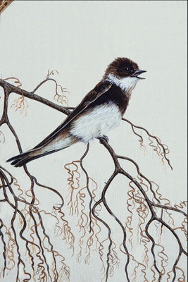 Птица с темнокоричневыми перишками на длинных волнистых ветках 