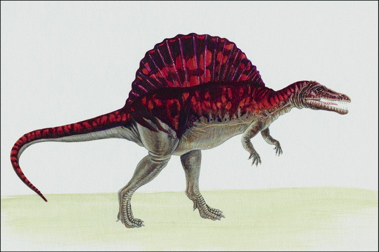 Динозавр с ярко-красным плавником на спине и короткими передними лапами