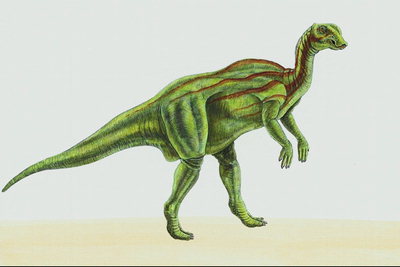 Светло-салатовый динозавр. Бордовые полоски на спине
