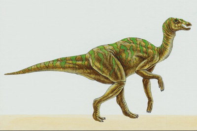 Динозавр с большими глазами и с ярко-слатовыми полосами