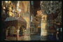 Колоны с рисунками Библийных сюжетов, люстры с искусственными свечами