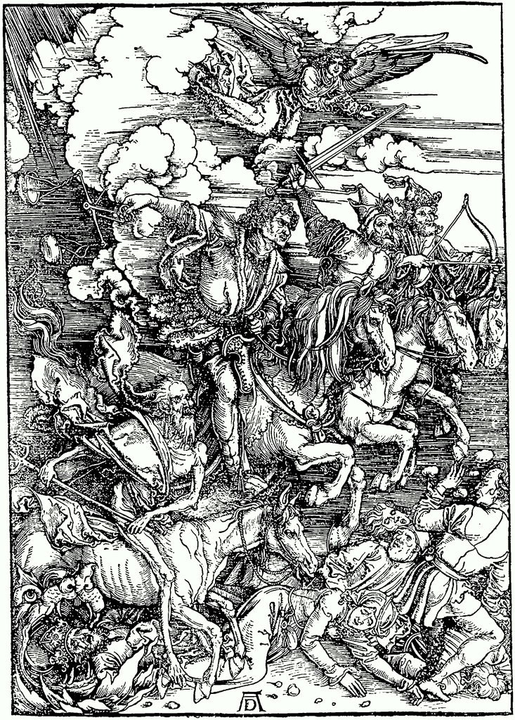 Reiter mit Schwertern und Speeren in der Hand. Bild in Graustufen