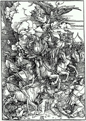 Horsemen with swords and spears in their hands. Figure in shades of gray