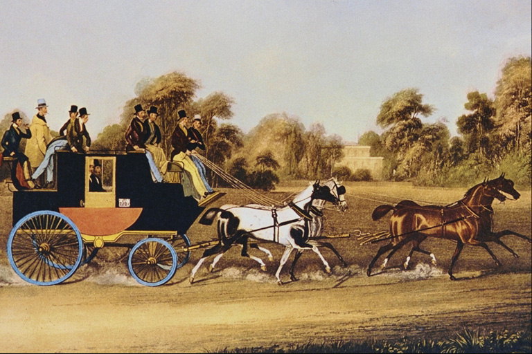 Carriage sa itim na may kulay-asul na wheels, ang koponan ng puti at kayumanggi kabayo