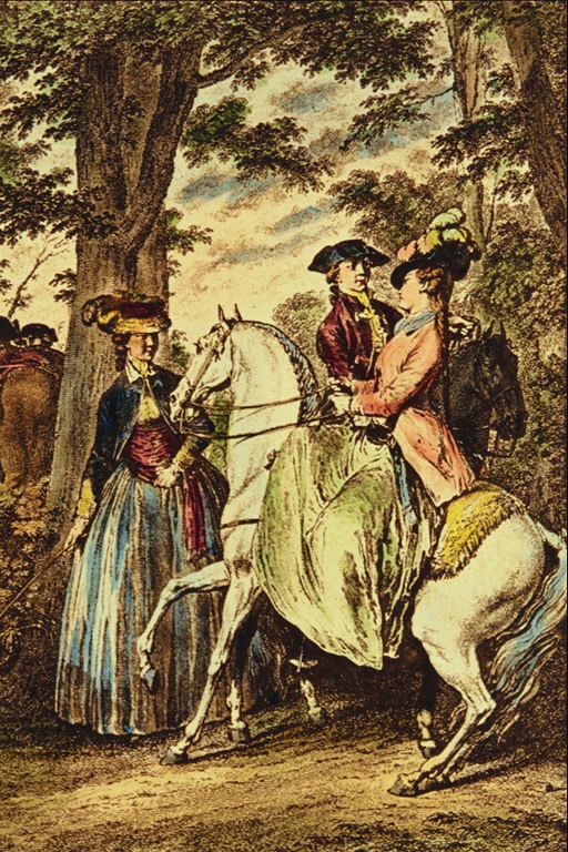 Rider trong một dress màu xanh lá cây và hat với feathers
