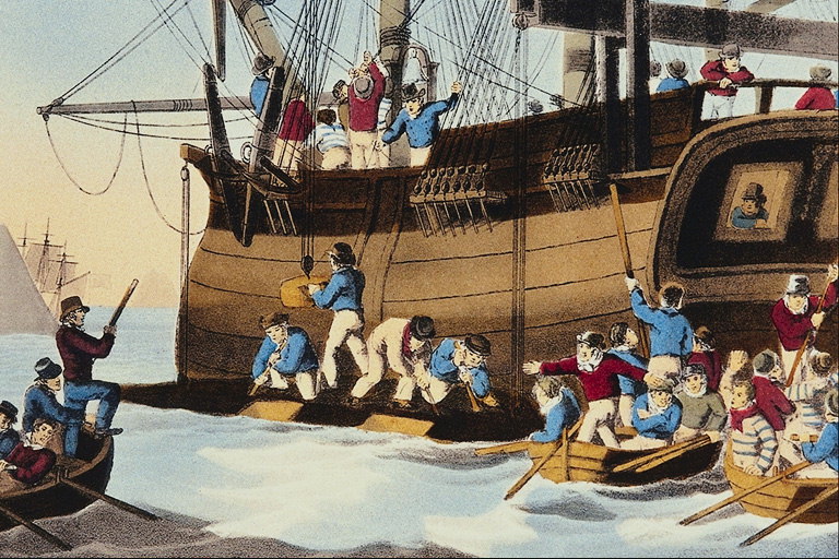 A transferência da carga do navio, com a baleeira