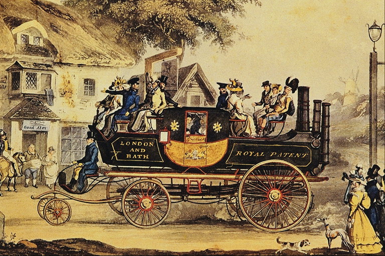 The first steam bus. Dusty roads