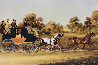 Carriage in black with blue wheels, the team in white and brown horse