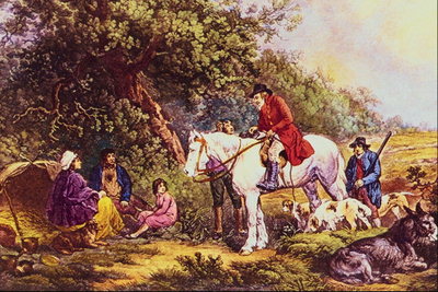 Hunter riding a horse. Women teny trees