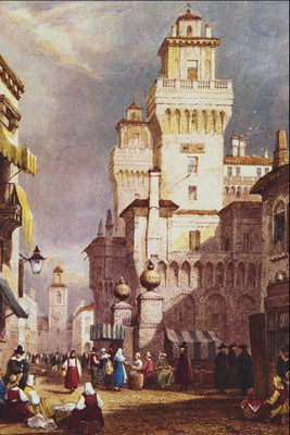 Markt in de buurt van de muren van de stad brand toren