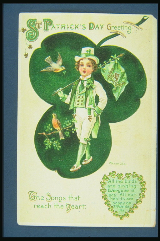 Image skildrer drengen i lys grøn og hvid kostume. Tillykke til St. Patrick\'s Day