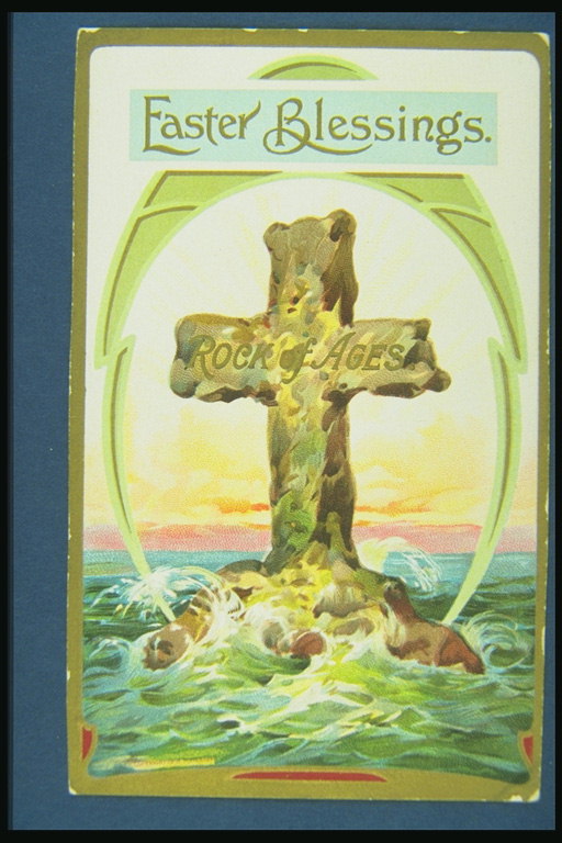 Pohľadnica zobrazujúca kríž zuřící vlny. Pohľadnica k sviatku zo Zvěstování Panny Marie