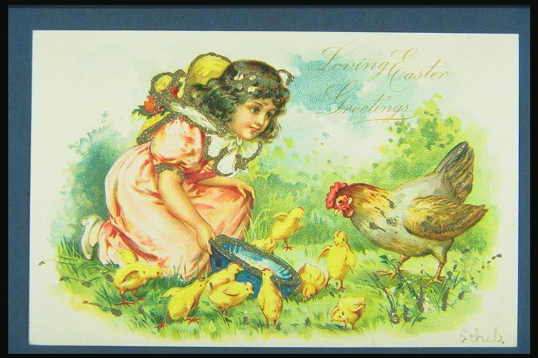 Das Mädchen im rosa Kleid und Strohhut. Hühnerfleisch mit Hühnern