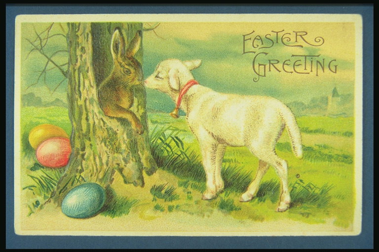 Postkarte an den Tag Ostern. Kid, Hasen und bunte Eier