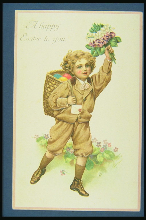 Happy Easter. Boy with Bouquet tal lilacs
