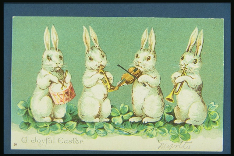 Paskah rabbits. Rabbits dengan alat-alat musik