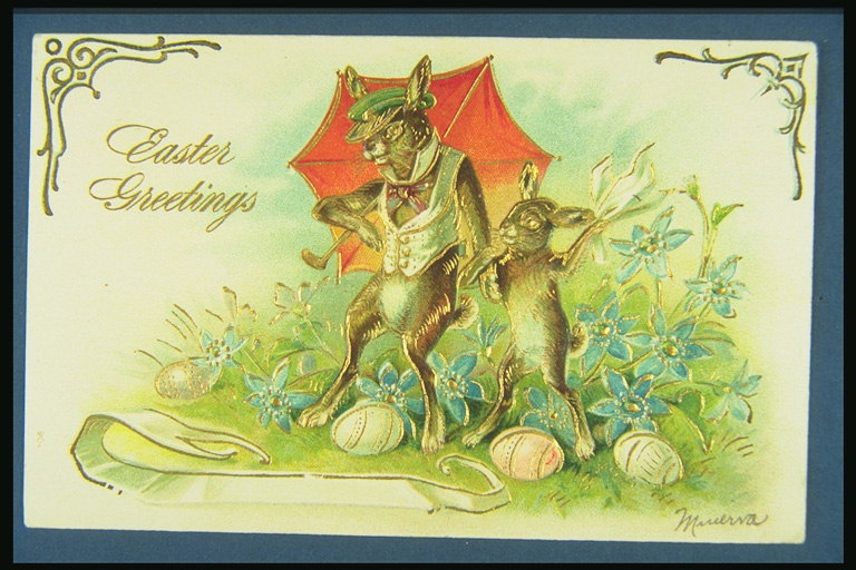 โปสการ์ด depicting rabbits ภายใต้ umbrellas