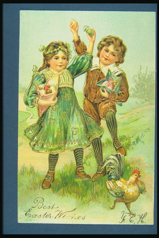 Καρτ ποστάλ με την ημέρα του Πάσχα. Boy με μια κοπέλα και ένα κόκκορας