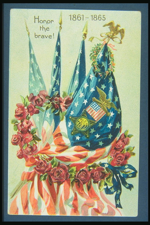 Glory to the brave. Images of flags of America and the garland of roses
