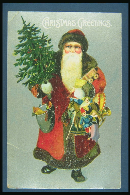 Papai Noel com uma árvore e presentes nas mãos dos