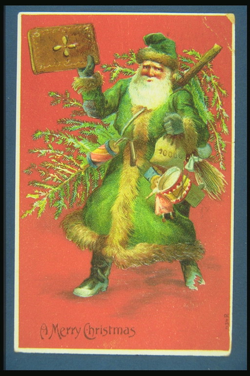 Santa in un abito verde con un albero e un libro in mano