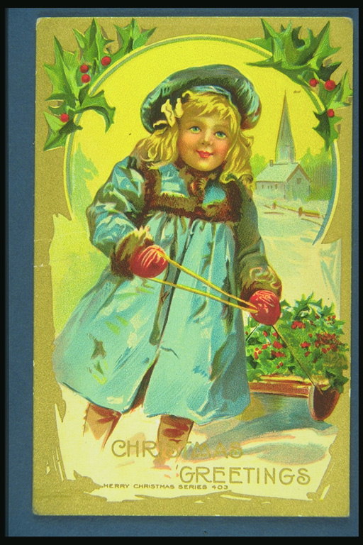 Girl với một sledge. Giáng sinh Vui vẻ
