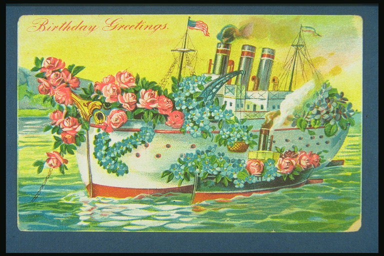 Happy Birthday. Drawings of two ships with flowers