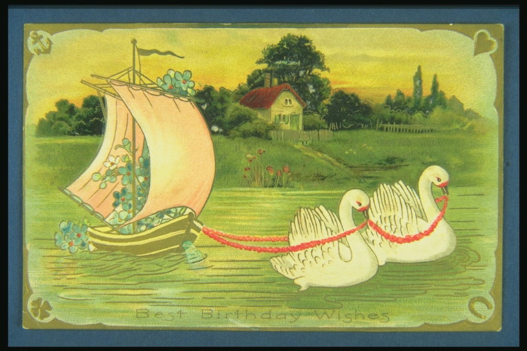 Obrázok znázorňujúci labutě a člny s kvetmi