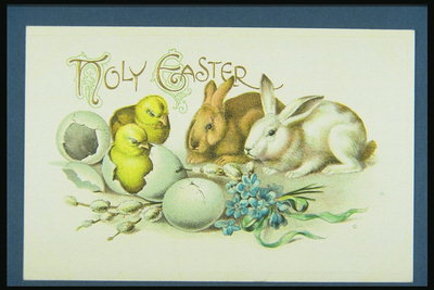 Veselé Velikonoce. Obrázek znázorňující králíků a kuřat s mušlí