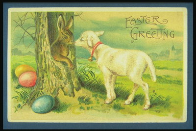 Postal hasta el día de Pascua. Cabrito, conejo y huevos de color