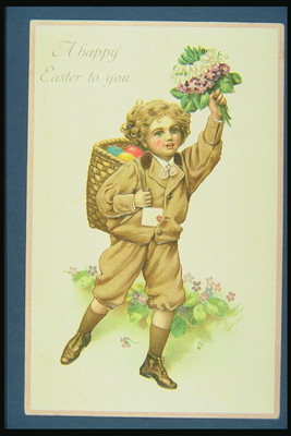 Happy Easter. Boy with Bouquet tal lilacs