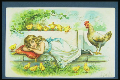 A girl in a light dress on a bench among the yellow chicken