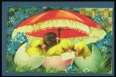 Pollastre sota un paraigua de color vermell amb una carta al pic