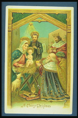 Tarjeta postal de Navidad para los temas. El nacimiento de Jesucristo