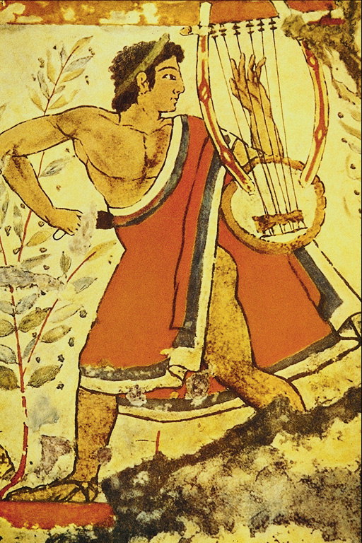 Vīrietis ar vainags no laurus un mūzikas instrumenta rokas