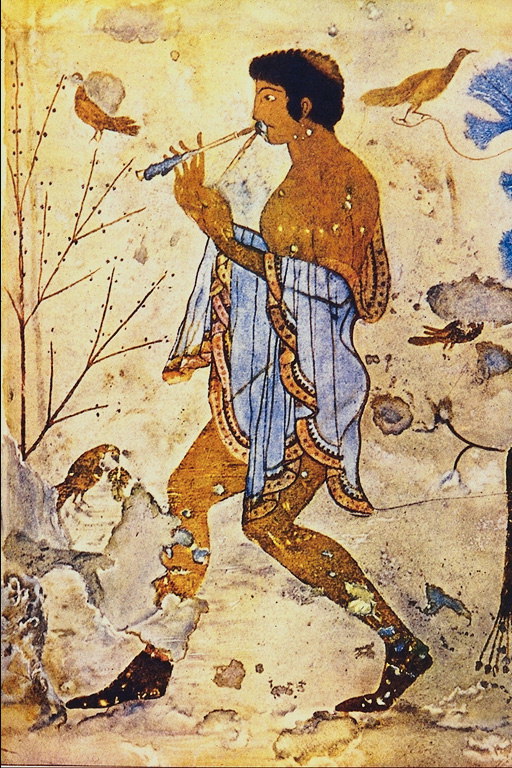 Mavi bir pelerin bulunan genç adam, ve boru