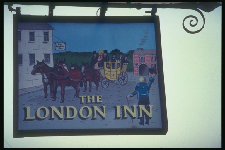 Schilder mit einem Bild Wagen auf einer Fläche von späteren Zeitpunkt. Londoner Pub