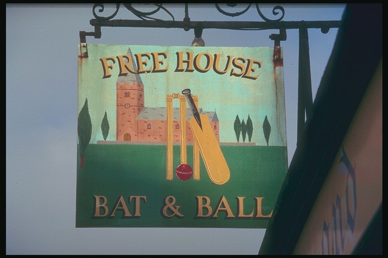 Signs with a picture houses, bats and ball