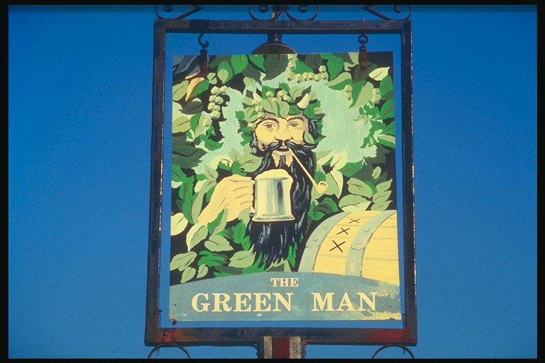 Малюнок людини в зеленій одязі з кухлем пива і трубкою