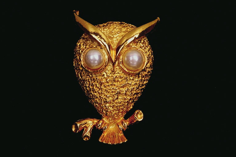Die goldene Brosche in Form einer Eule mit den Augen der Perle