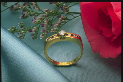 Ring mit Diamanten in der Nähe eines dunkel-rosa Rosen