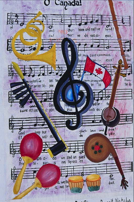 Изображение музыкальных инструментов и нот с гимном Канады