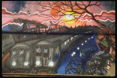 Рисунок поездов на лоне природы. Восходящее солнце.