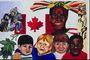 Рисунок флага Канады, детей разных рас и коренного жителя Канады с собакой