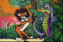 Рисунок льва с большой гривой и маленького динозавра