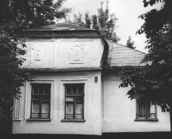 Старинный русский дом покрытый жестью среди деревьев