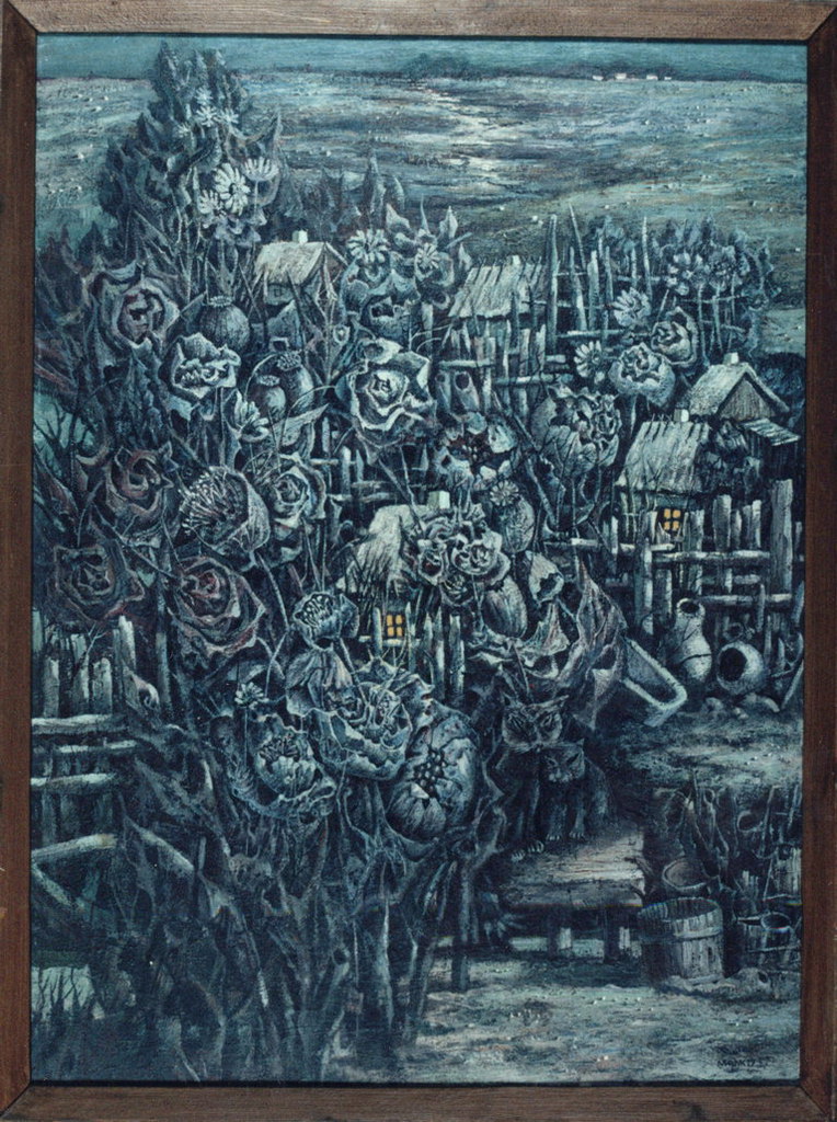 Het schilderij in grijstinten. Bomen in de vorm van knoppen van rozen, licht-geel huis venster