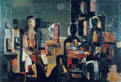 Painting. The family at the table. The preponderance of dark and red shades