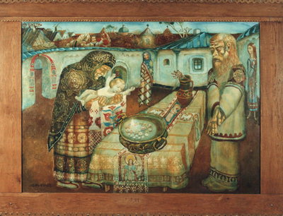 The baptism of infants. Old woman and baby