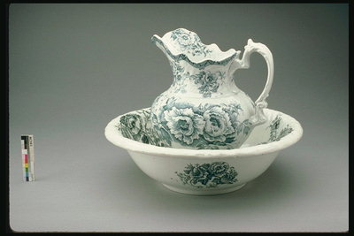 The jug in a deep plate with large drawings of roses
